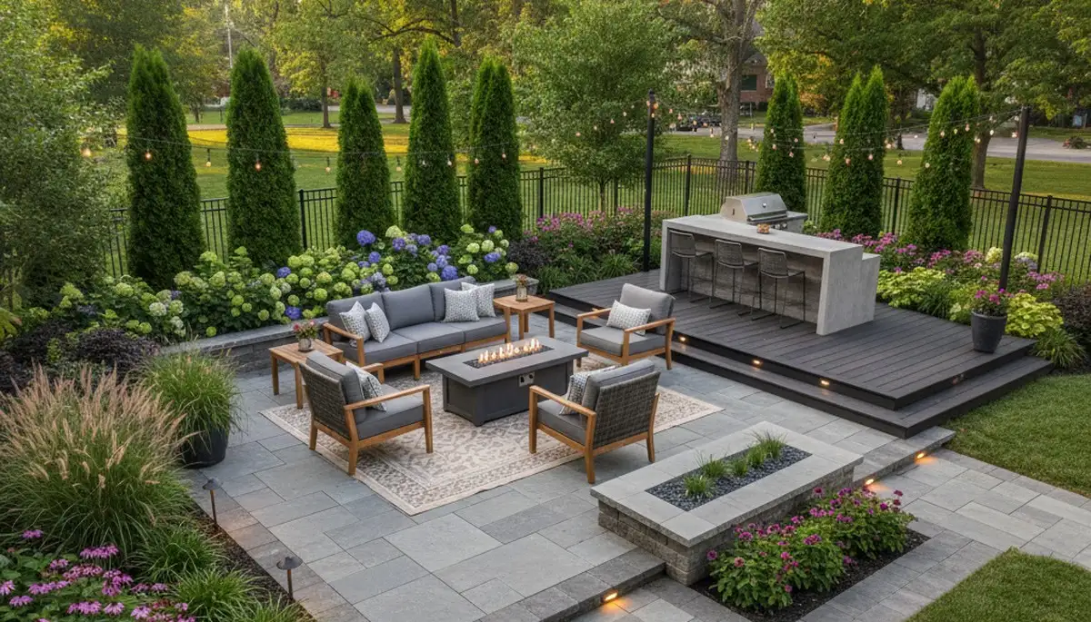 Backyard entertaining area with patio and landscape lighting by Chop Chop Landscaping in Olathe, KS