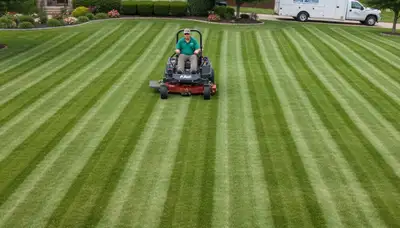 Professional mower creating clean striped lawn patterns in Olathe, KS by Chop Chop Landscaping