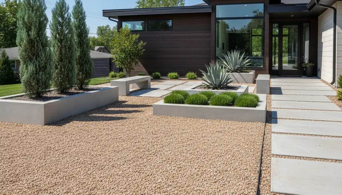 Modern pea gravel landscape design with geometric lines in Olathe, KS by Chop Chop Landscaping