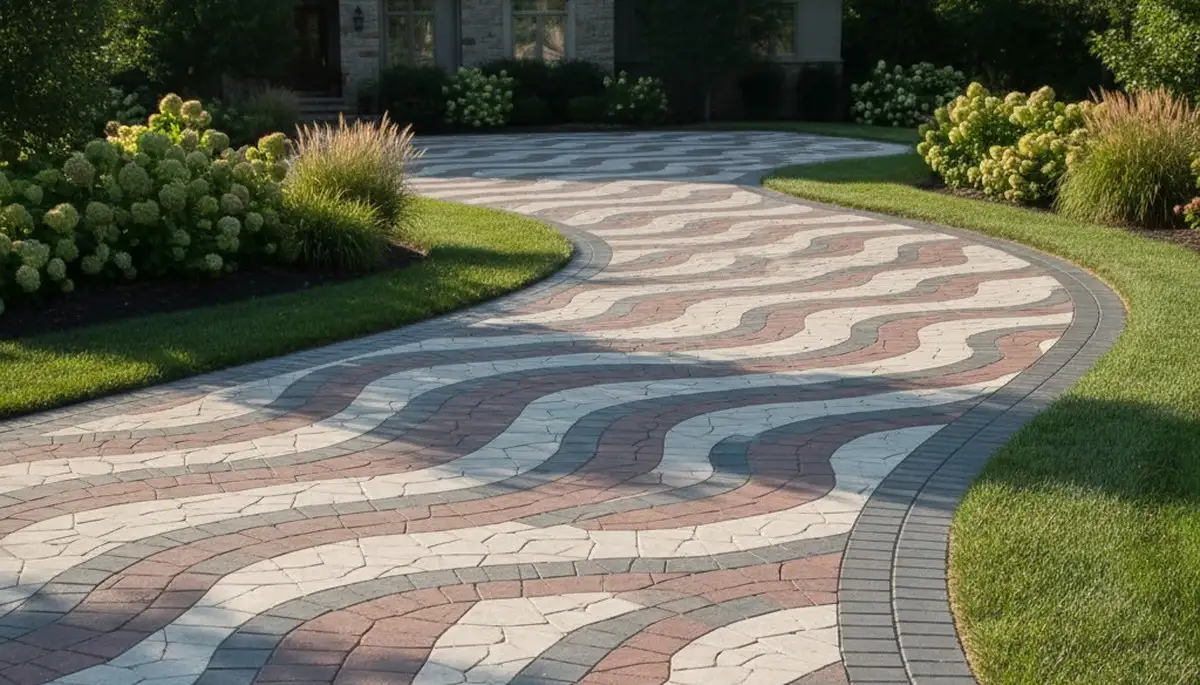 Curved paver driveway design in Olathe, KS showcasing expert landscaping and custom stone craftsmanship