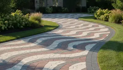 Curved paver driveway design in Olathe, KS showcasing expert landscaping and custom stone craftsmanship