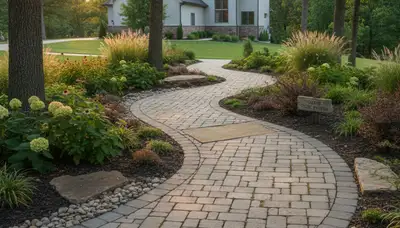 Curved stone paver pathway with expert landscaping design in Olathe, KS by Chop Chop Landscaping
