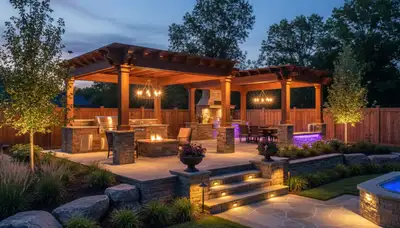 Deck and patio landscape lighting with post and step lights in Olathe, KS installed by Chop Chop Landscaping