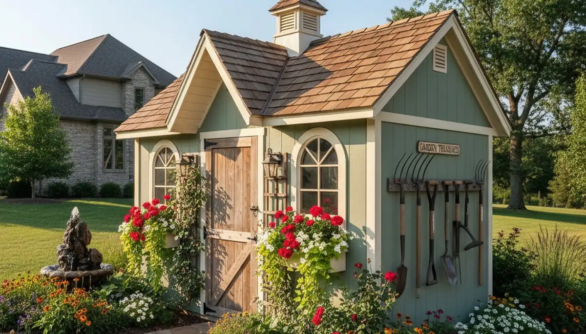 Decorative garden shed installation enhancing landscape design in Olathe, KS by Chop Chop Landscaping