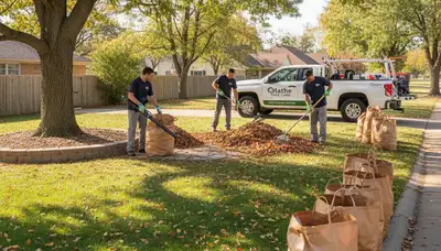 Professional landscapers performing fall leaf cleanup and lawn debris removal in Olathe, KS