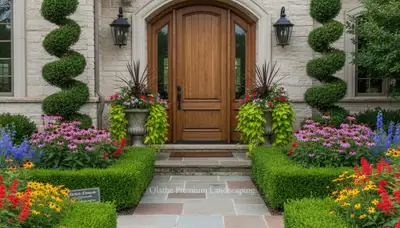 Front yard landscaping with colorful plants and shaped shrubs in Olathe, KS enhancing home curb appeal