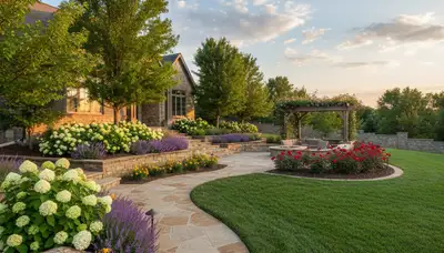 Full property landscape design with lawn, hardscape, and plantings by Chop Chop Landscaping in Olathe, KS