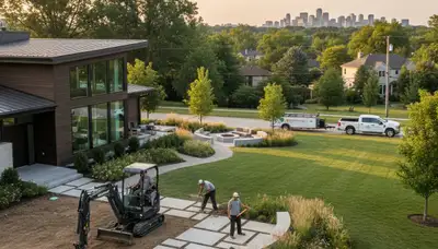 Landscaping crew providing lawn care services in Olathe, KS for a well-maintained yard