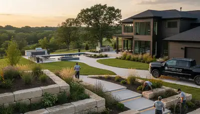 Landscaping crew serving Olathe, KS with professional lawn care and yard maintenance