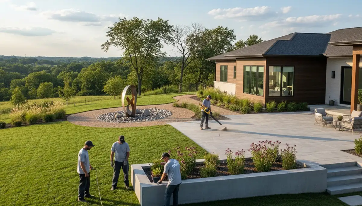 Landscaping crew servicing lawns in Olathe, KS for residential yard care