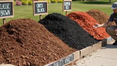 Brown, black, and red mulch color options displayed for Olathe, KS landscaping by Chop Chop Landscaping