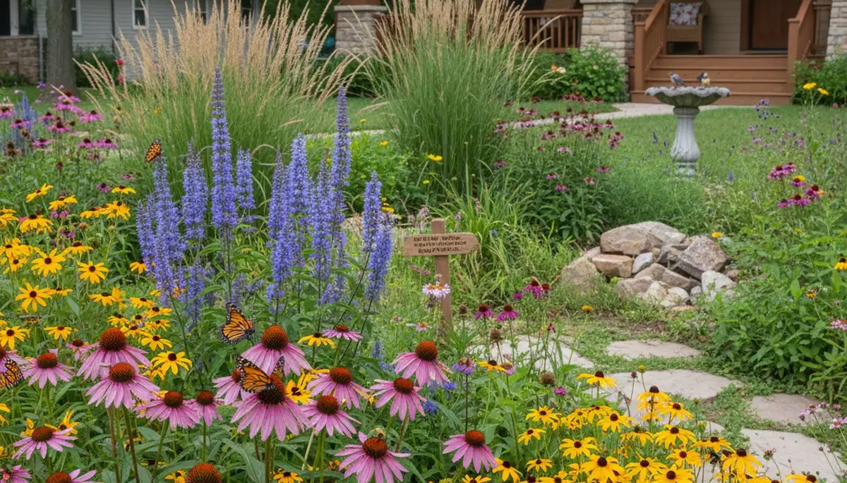 Native pollinator garden with bee-friendly flowers and native plants in Olathe, KS organic landscaping