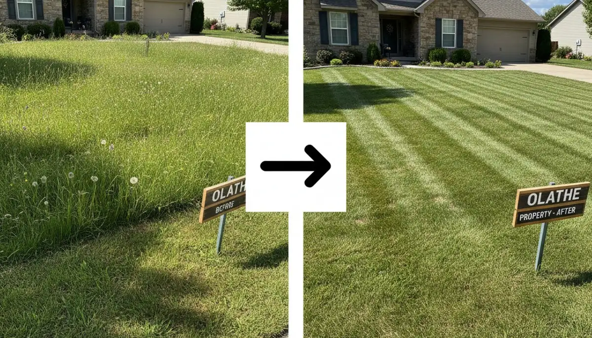 Before and after professional lawn mowing transformation by Chop Chop Landscaping in Olathe, KS