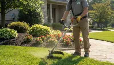 Technician trimming lawn edges with string trimmer for precise finish at Olathe KS home landscaping