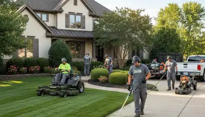 Professional lawn care crew mowing, edging, and trimming a residential yard in Olathe, KS