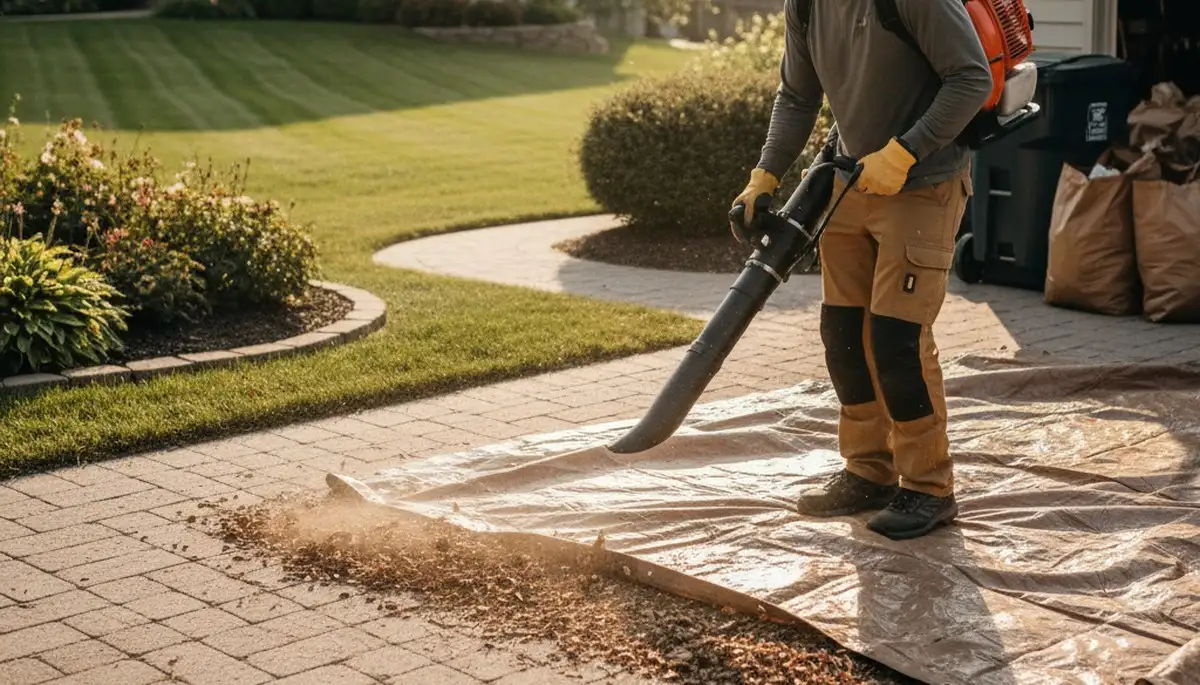 Professional landscaper using leaf blower for lawn debris removal at residential property in Olathe, KS