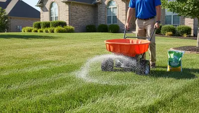 Lawn care technician spreading fertilizer on residential turf in Olathe, KS for healthy green growth