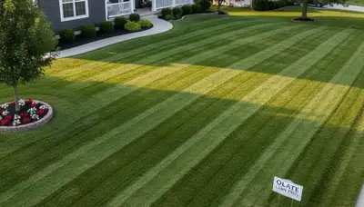 Professional lawn mowing with crisp stripes and clean edges at Olathe, KS home by Chop Chop Landscaping