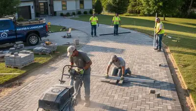 Crew installing driveway pavers in Olathe, KS with precise leveling and base prep by Chop Chop Landscaping