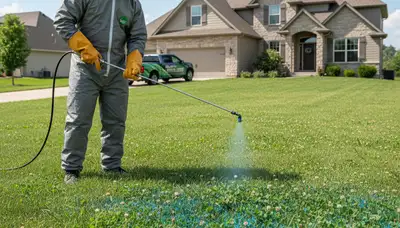 Lawn care technician applying weed control treatment on residential lawn in Olathe, KS