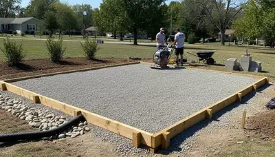 Professional shed foundation base prep with gravel and drainage in Olathe, KS landscaping project