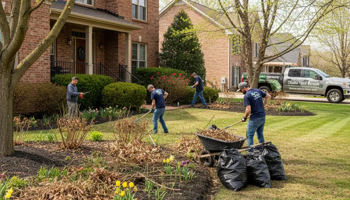 Landscapers cleaning garden beds and pruning during spring yard cleanup in Olathe, KS