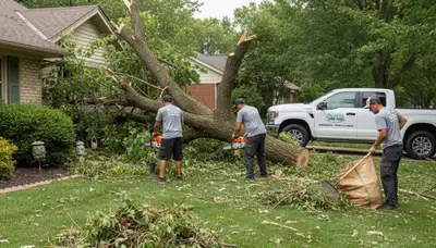 Crew removing storm debris and branches after storm damage cleanup in Olathe, KS residential yard