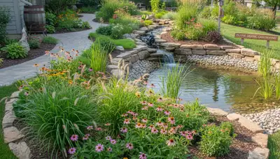 Rain garden with sustainable water management and organic landscaping in Olathe, KS by Chop Chop Landscaping