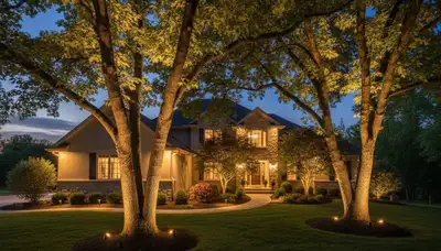 Mature trees with professional uplighting highlighting evening landscape design in Olathe, KS